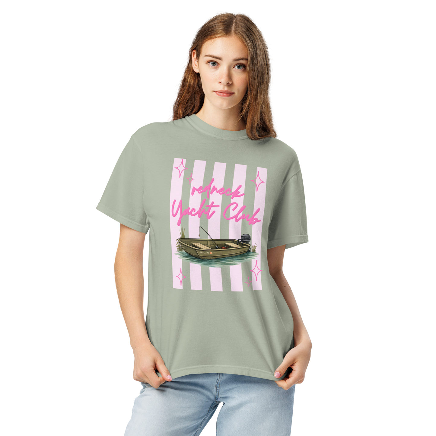 Redneck Yacht Club Pink Stripes - Unisex Garment-Dyed Heavyweight Comfort Colors T-Shirt