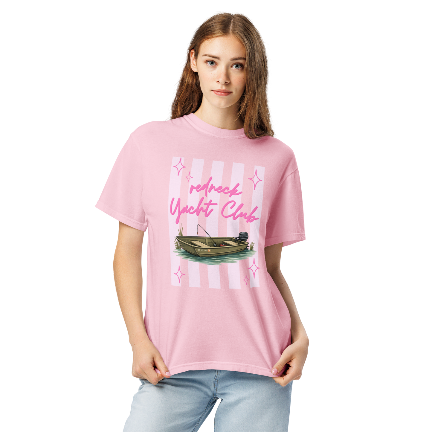 Redneck Yacht Club Pink Stripes - Unisex Garment-Dyed Heavyweight Comfort Colors T-Shirt