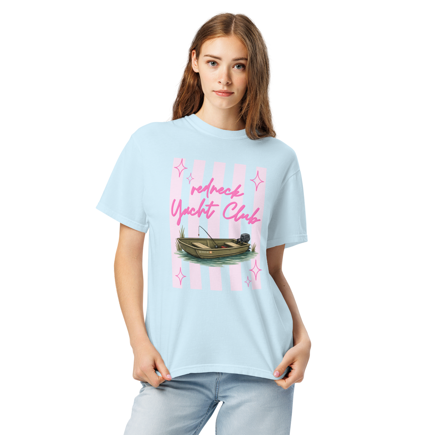 Redneck Yacht Club Pink Stripes - Unisex Garment-Dyed Heavyweight Comfort Colors T-Shirt