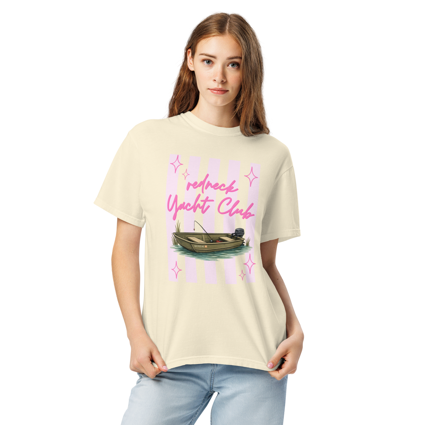Redneck Yacht Club Pink Stripes - Unisex Garment-Dyed Heavyweight Comfort Colors T-Shirt