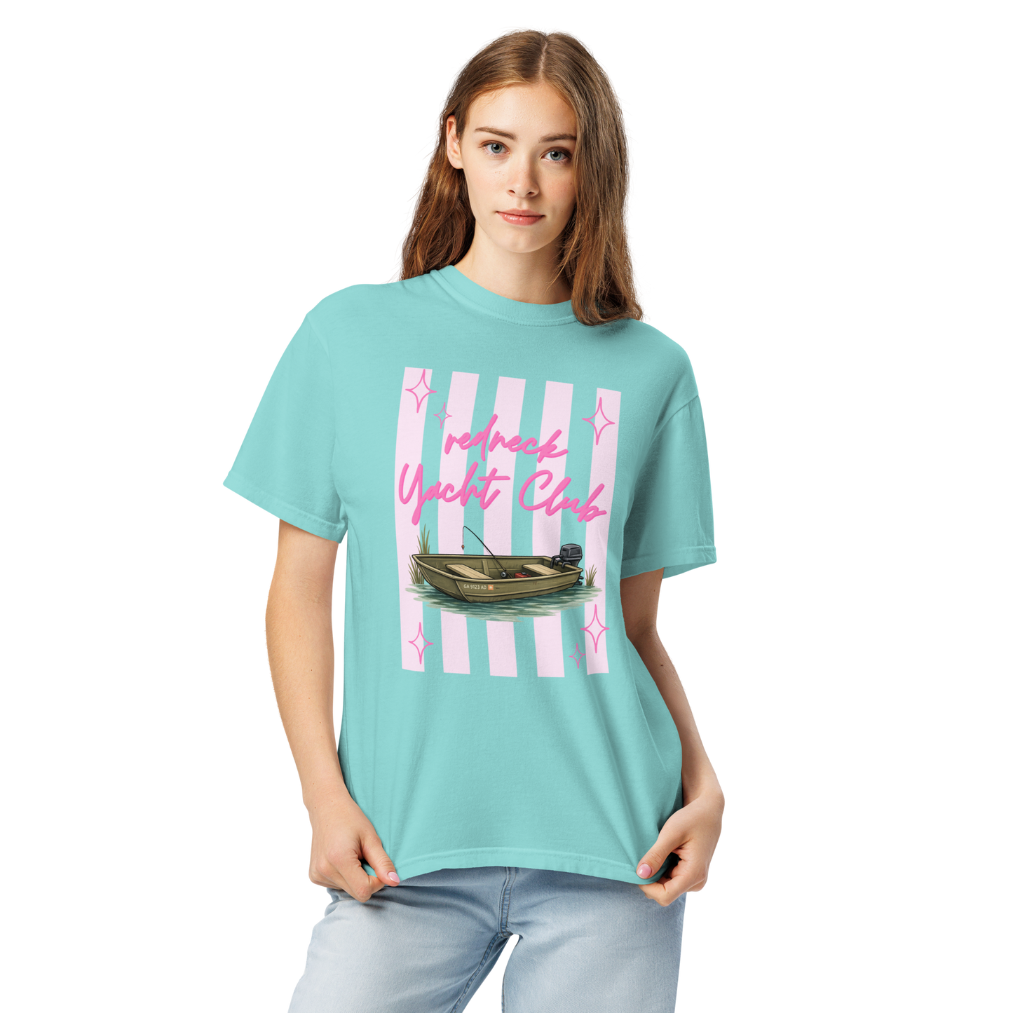 Redneck Yacht Club Pink Stripes - Unisex Garment-Dyed Heavyweight Comfort Colors T-Shirt