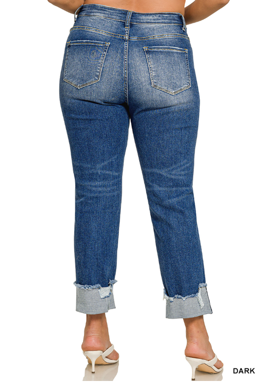 Modern Grace cuffed skinny denim pants for regular and curvy fits, shown in a natural posture highlighting the denim's fit and cuffed ankles.