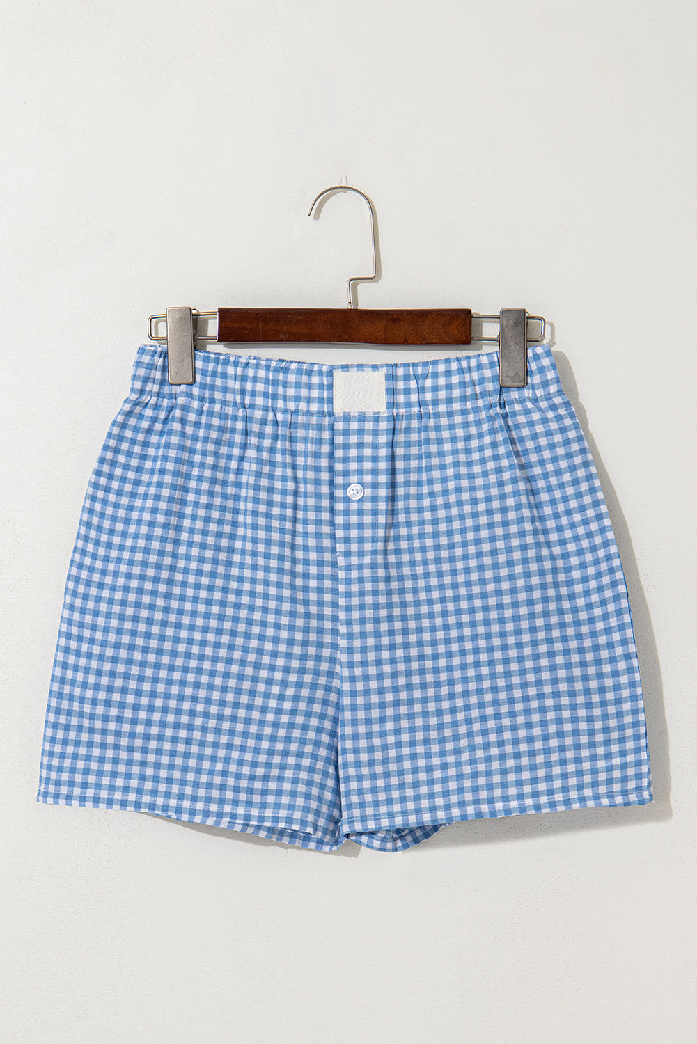 Blue gingham boxer shorts from Modern Grace, casual bottoms with a relaxed fit, made of lightweight polyester fabric.