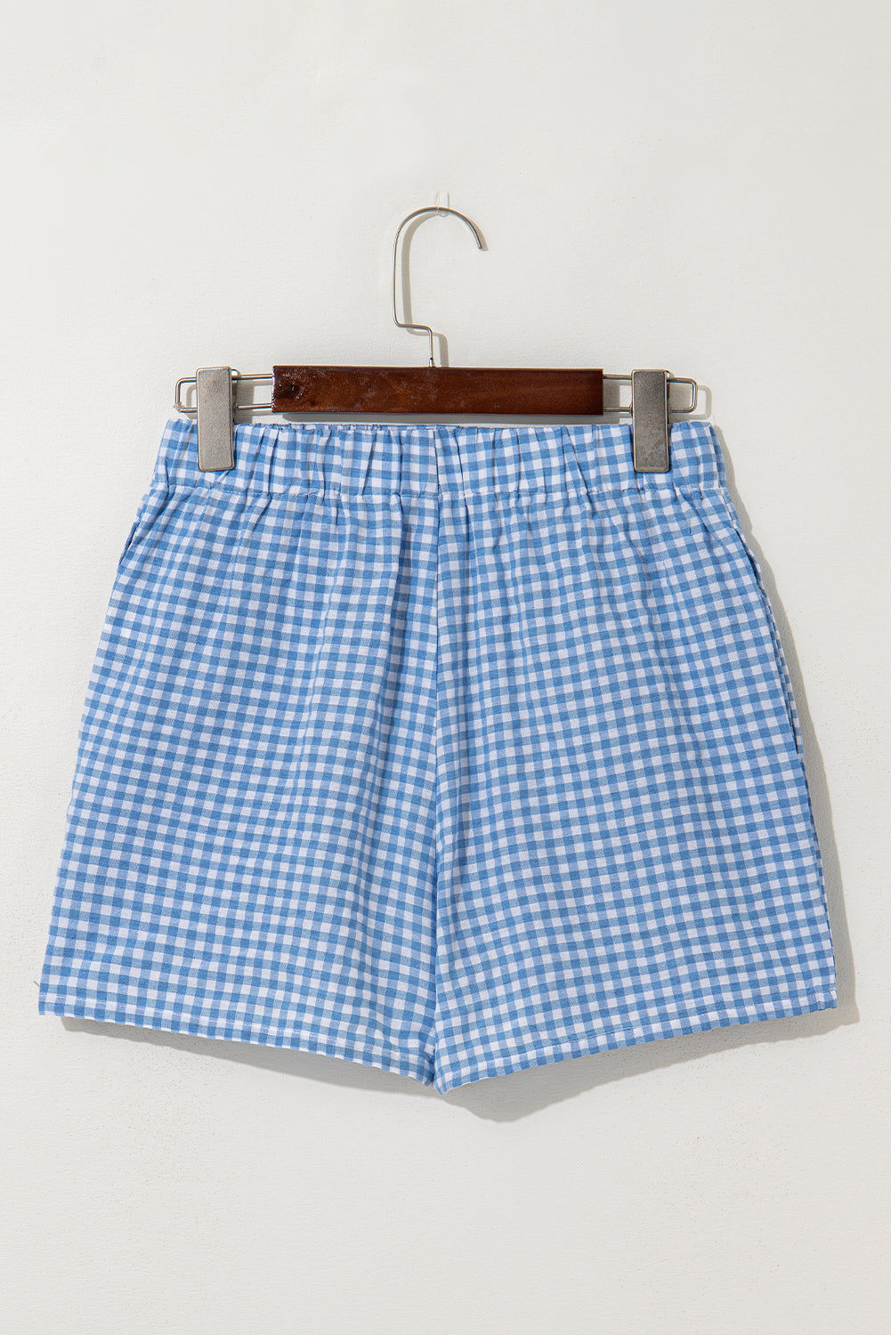 Blue gingham boxer shorts from Modern Grace, casual bottoms with a relaxed fit, made of lightweight polyester fabric.