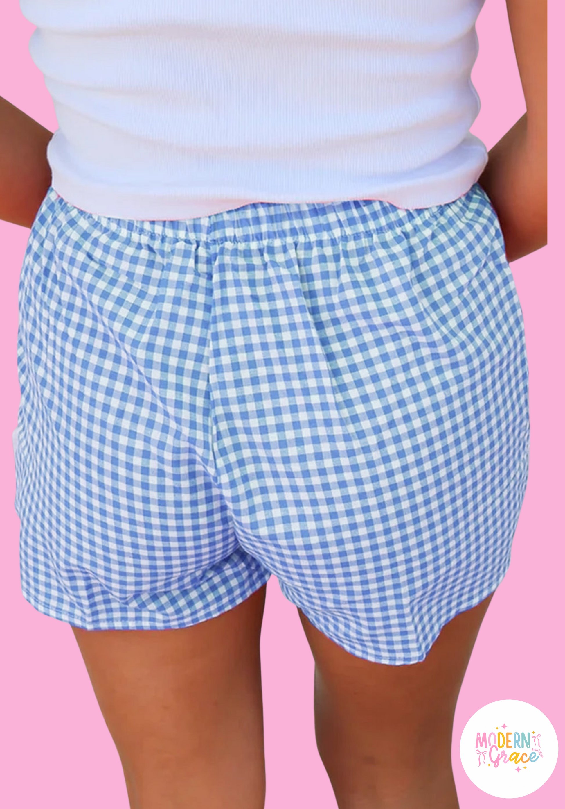 Blue Gingham Boxer Shorts by Modern Grace, casual bottoms with a relaxed fit, featuring classic blue gingham pattern.