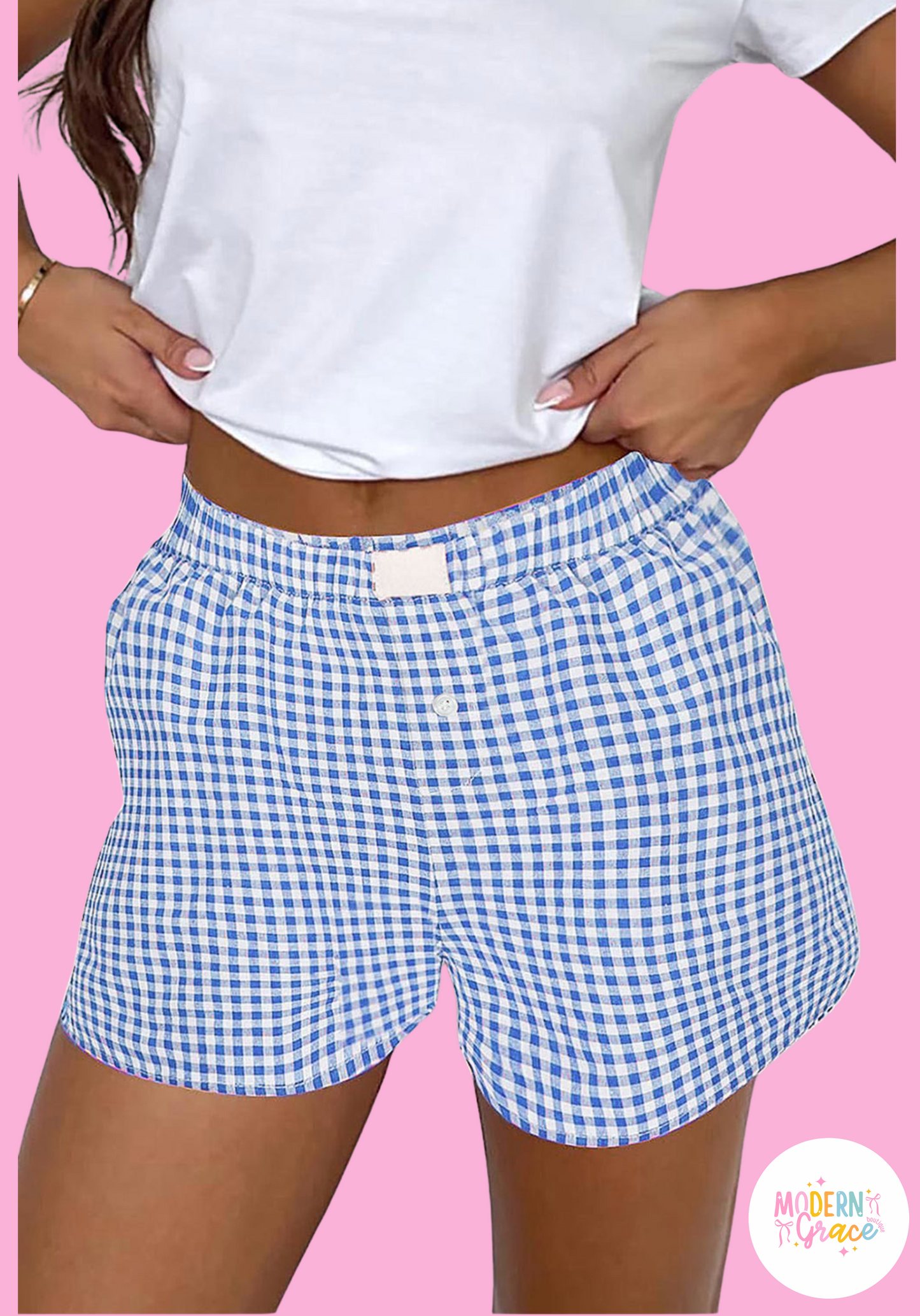 Blue gingham boxer shorts from Modern Grace, casual bottoms with a relaxed fit, made of lightweight polyester fabric.