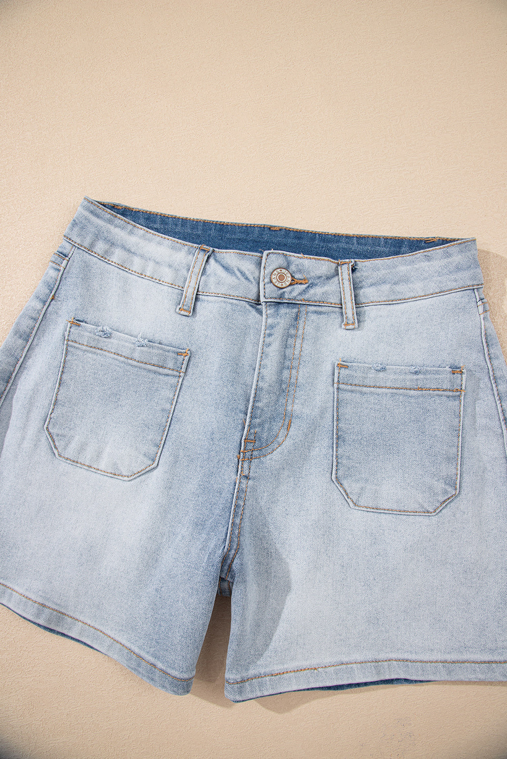 Modern Grace Beau Blue Light Wash High Rise Denim Shorts, cotton blend, elastic waistband, styled for casual wear.