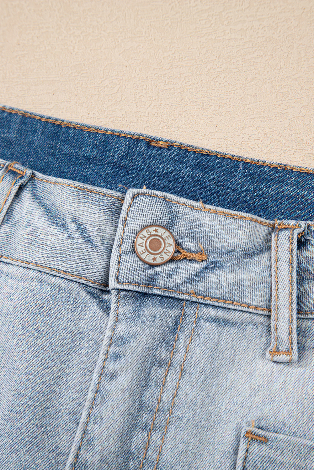 Modern Grace Beau Blue light wash high-rise denim shorts, cotton blend, with a relaxed fit and stylish cut, exclusive to warehouse collection.