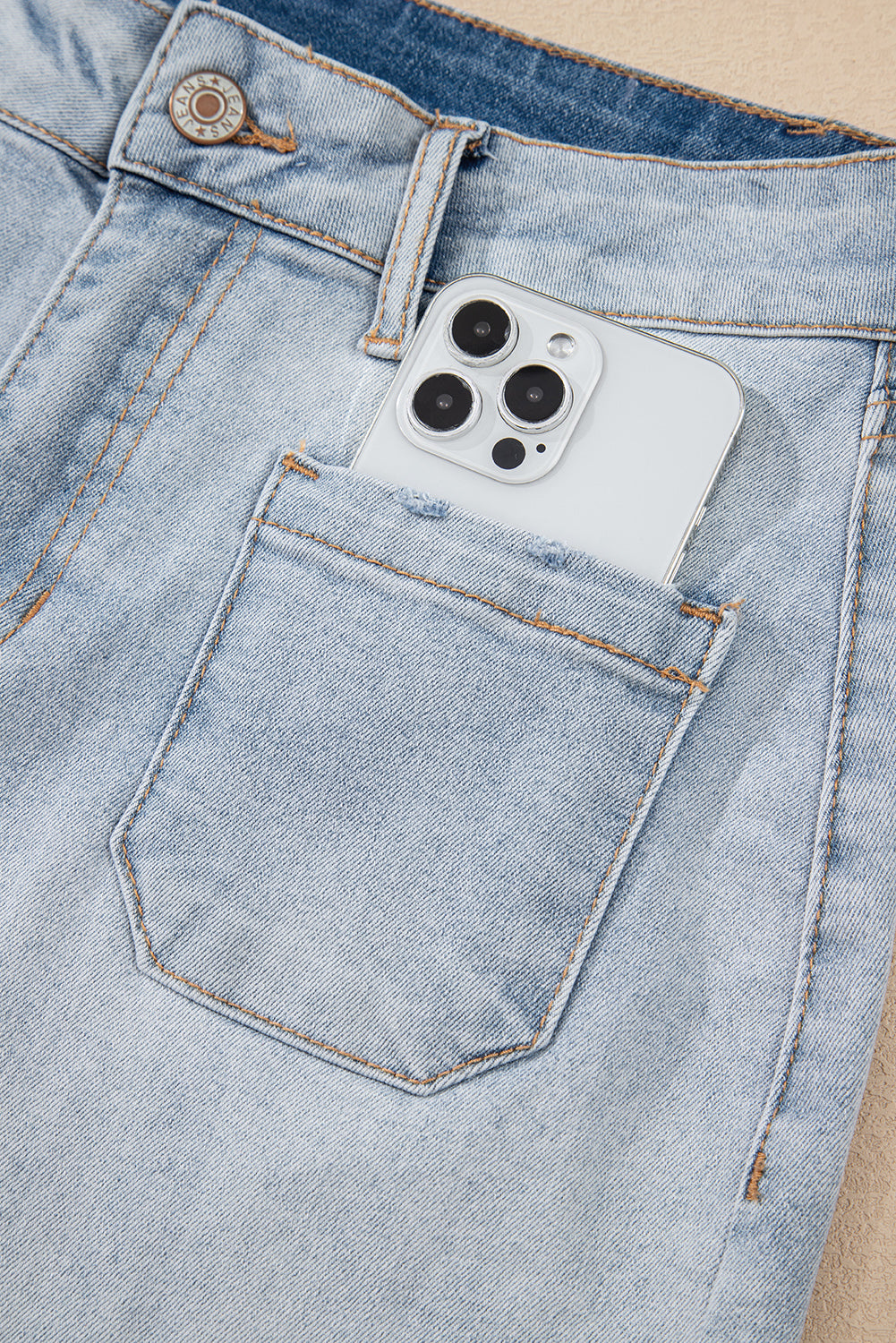 Modern Grace Beau Blue Light Wash High Rise Denim Shorts, cotton blend, fitted waistband, casual summer bottoms, warehouse exclusive