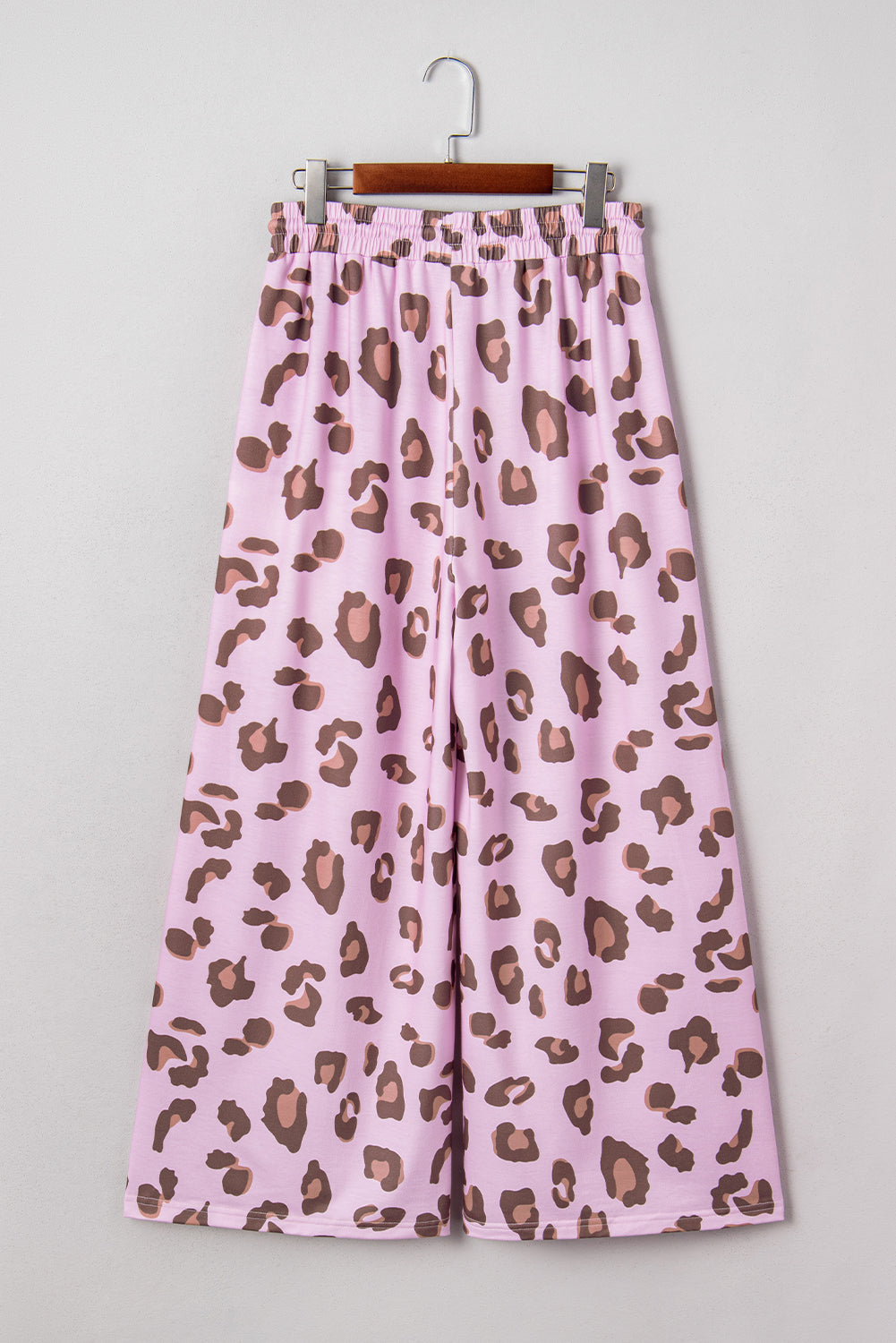 Pink leopard print drawstring culotte pants by Modern Grace, made of polyester and elastane, with a relaxed fit.