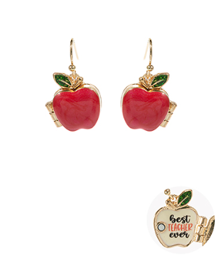 Modern Grace Apple Locket Earrings featuring delicate gold apple-shaped charms with intricate detailing and secure hooks.