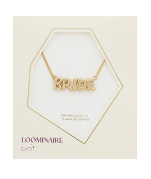 Gold "Bride" puffy letter pendant necklace by Modern Grace, featuring a bold, stylish script pendant on a delicate chain.