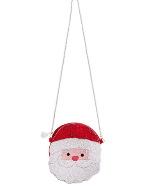 Christmas Santa crossbody bag by Modern Grace featuring a festive red and white Santa design with a shoulder strap.