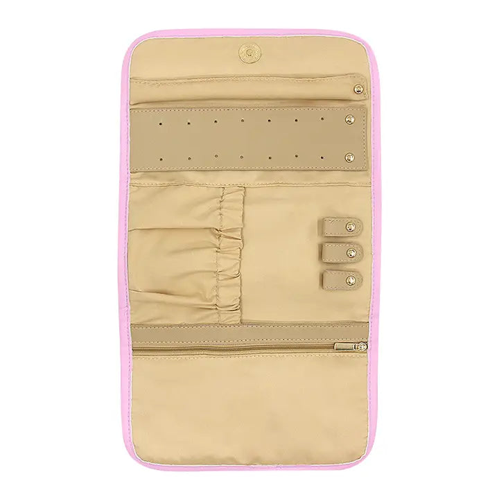 Modern Grace Daisy Delight striped travel jewelry organizer with multiple compartments for earrings, necklaces, and rings.