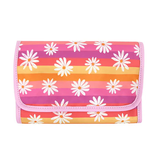 Modern Grace Daisy Delight striped travel jewelry organizer with compartments and zippered closure for easy organization.