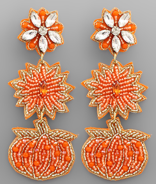 Fall beaded pumpkin earrings by Modern Grace, featuring orange and gold beads in a festive autumn design.
