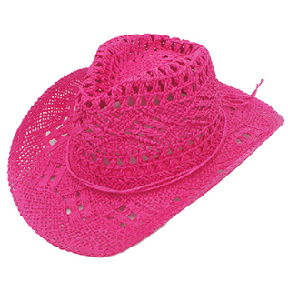 Fuchsia crocheted straw cowgirl hat by Modern Grace featuring wide brim and decorative band for western-inspired style.