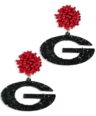 Georgia Bulldog beaded pom pom earrings by Modern Grace featuring vibrant red and black beads with playful pom pom accents.