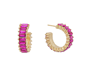 Hot pink 20mm baguette hoop earrings by Modern Grace featuring vibrant pink gemstone accents and sleek gold settings.