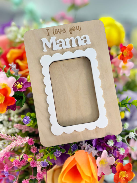 Modern Grace I Love You Mama fridge magnet photo frame with a heartfelt message and space for a small photo.