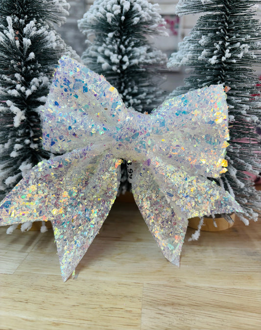 Iridescent Christmas tree bow by Modern Grace, featuring shimmering, colorful ribbon for festive holiday decorating.