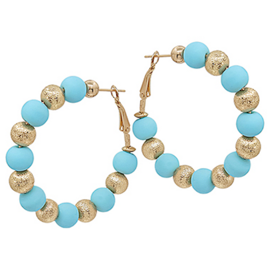 Light blue satin and clay ball mix hoops earrings by Modern Grace, featuring a stylish combination of satin finish and clay beads.