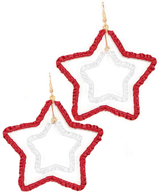 Red raffia star-shaped earrings from Modern Grace with a lightweight, bohemian-inspired design perfect for casual or stylish wear.