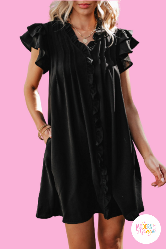Black ruffle sleeve V-neck frilled shift dress by Modern Grace, showcasing a stylish dress with ruffle details and a V neckline.