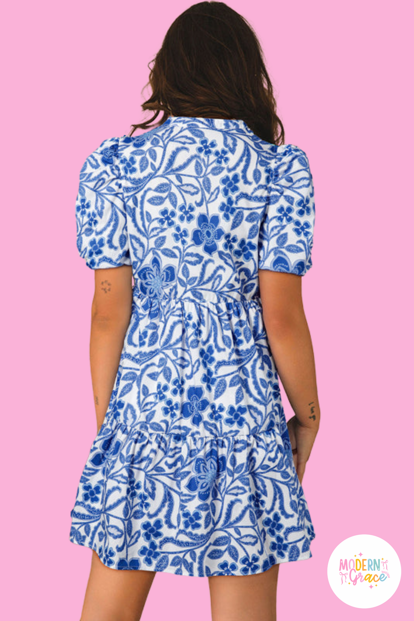 Blue flower print puff sleeve tiered dress by Modern Grace, featuring a flowy silhouette and floral pattern, perfect for casual wear.