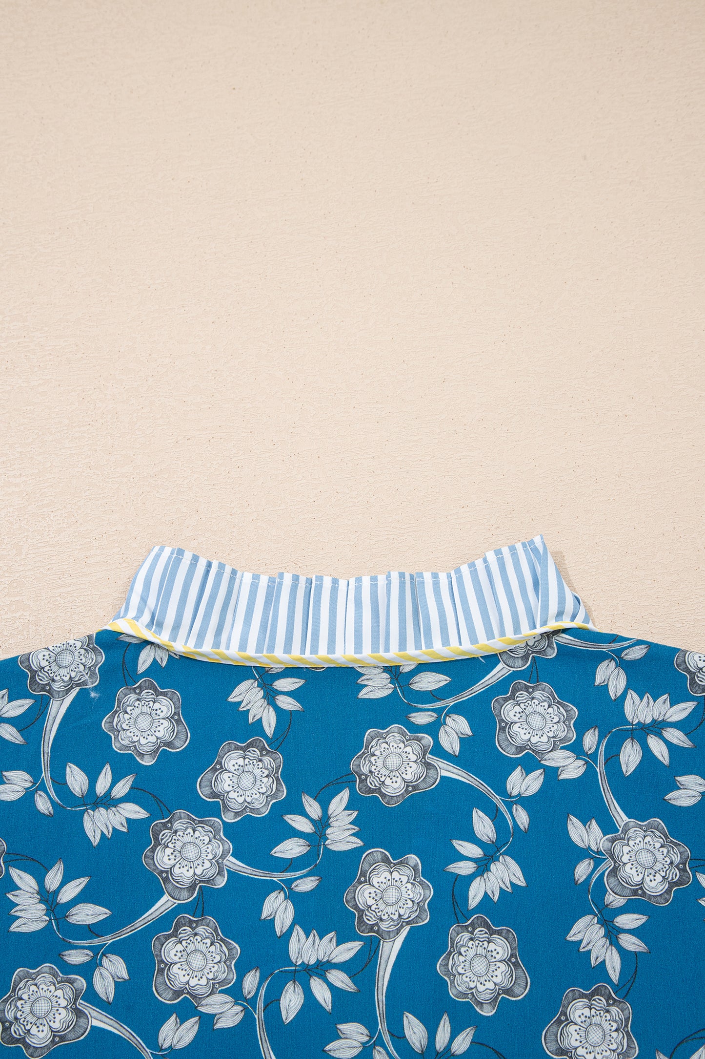 Modern Grace blue floral dress with striped trim, half buttons, short sleeves, made of 100% cotton, perfect for casual wear.