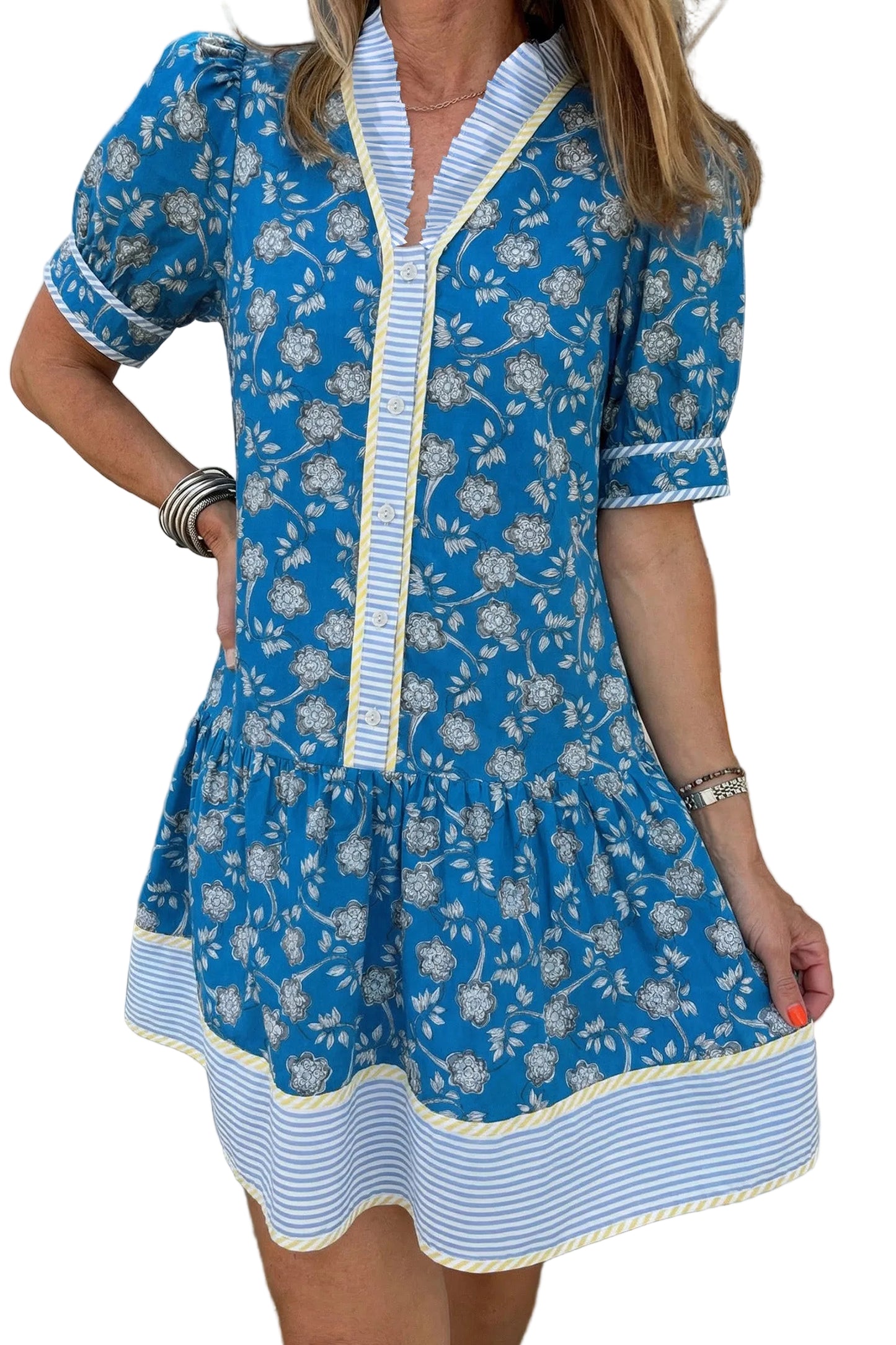 Modern Grace blue floral dress with striped trim, short sleeves, and half-button front, made of 100% cotton.