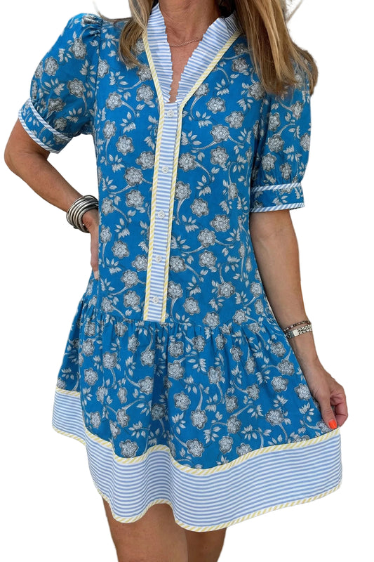 Modern Grace blue floral dress with striped trim, short sleeves, and half-button front, made of 100% cotton.