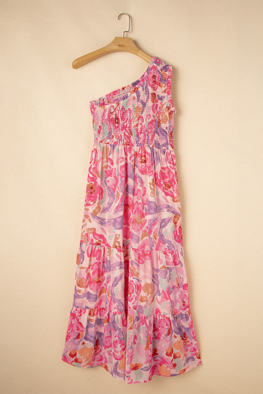 Pink abstract floral print shirred one-shoulder maxi dress by Modern Grace, featuring a flowy silhouette and elegant design.