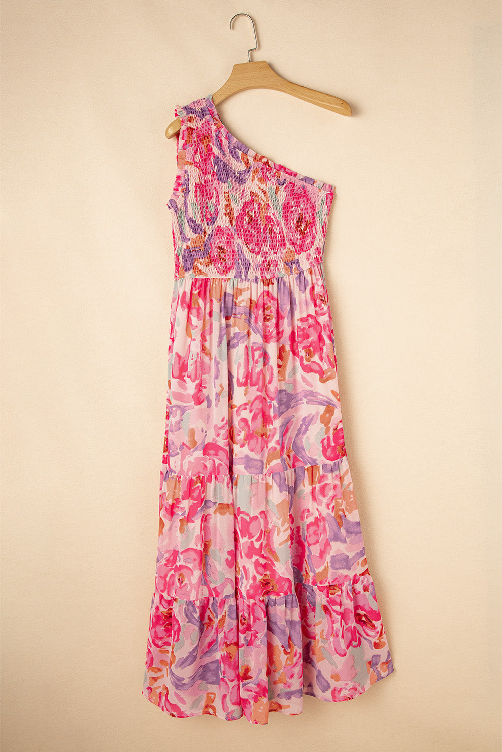 Pink abstract floral print shirred one-shoulder maxi dress by Modern Grace, featuring flowy fabric and elegant design.