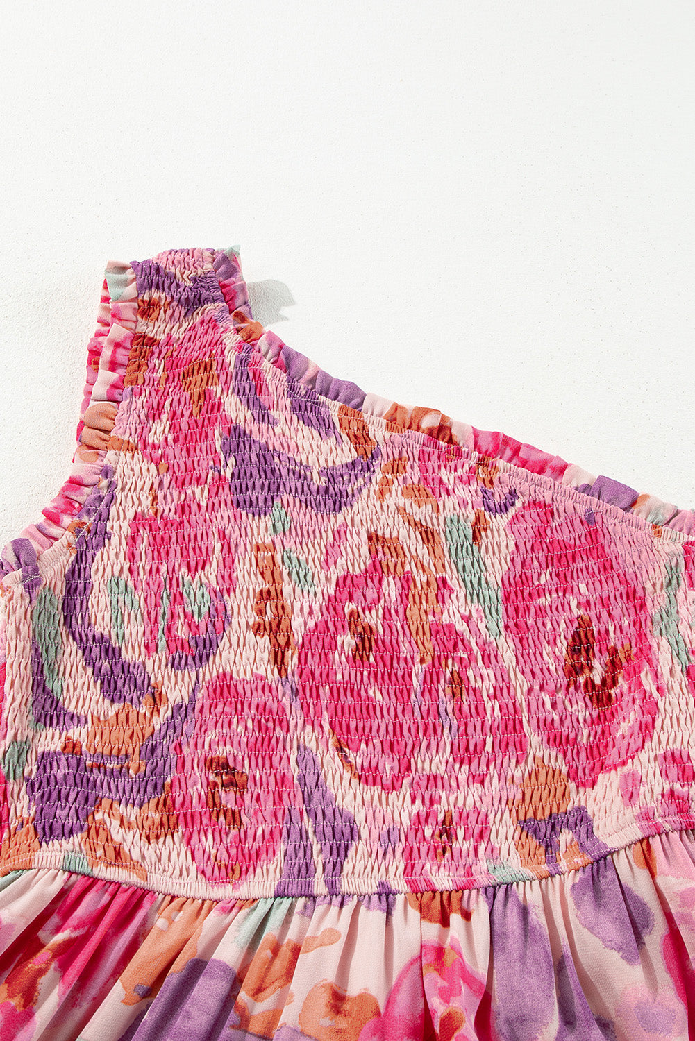 Pink abstract floral print shirred one-shoulder maxi dress by Modern Grace, flowing polyester dress with a stylish floral design.