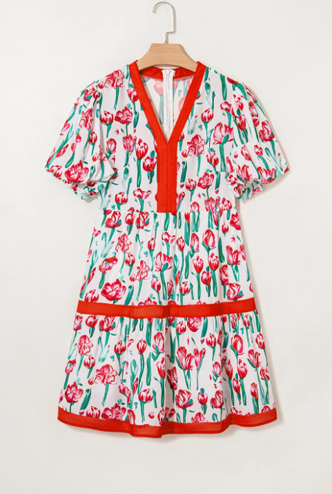 Pink floral print contrast trim V-neck bubble short sleeve babydoll dress by Modern Grace, featuring floral fabric and relaxed fit.
