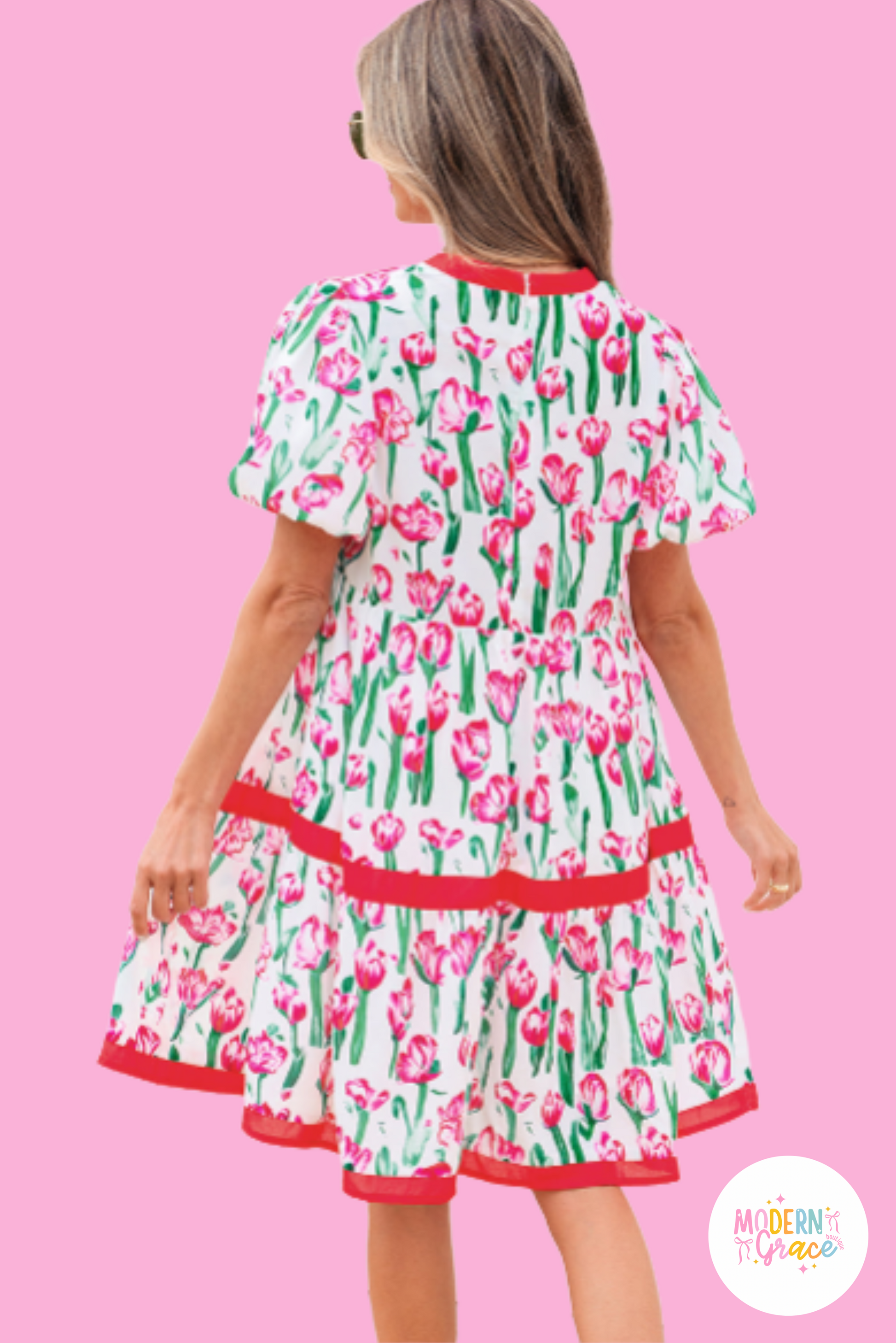 Pink floral print contrast trim V-neck bubble babydoll dress by Modern Grace with short sleeves and polyester fabric.
