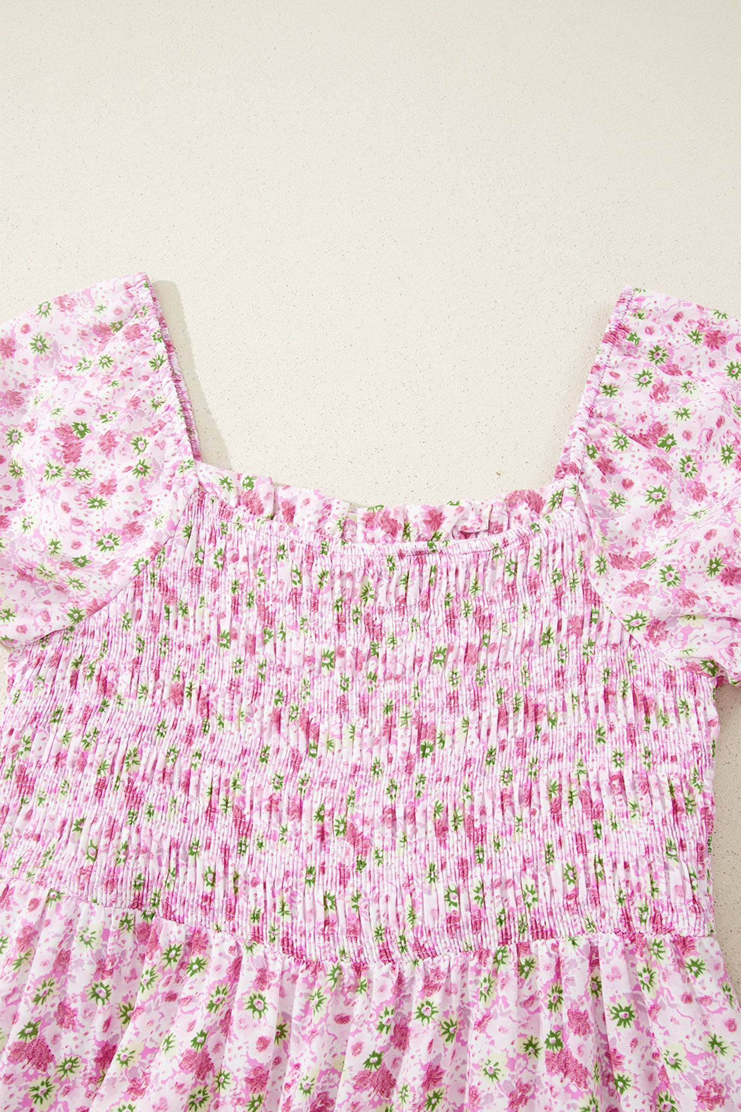 Floral Short Bubble Sleeve Shirred High Waist Maxi Dress