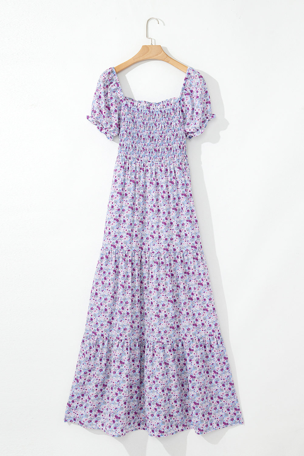 Floral Short Bubble Sleeve Shirred High Waist Maxi Dress