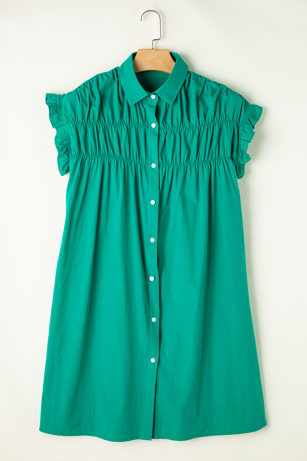 Green Modern Grace shirred ruffle sleeve mini dress with button-up front, made of 100% cotton, perfect for casual summer wear.