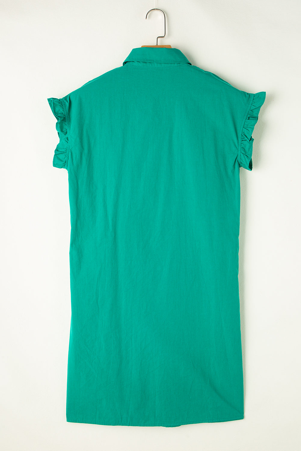 Green Modern Grace mini dress with shirred ruffle sleeves, button-up front, made of lightweight cotton, perfect for casual wear.