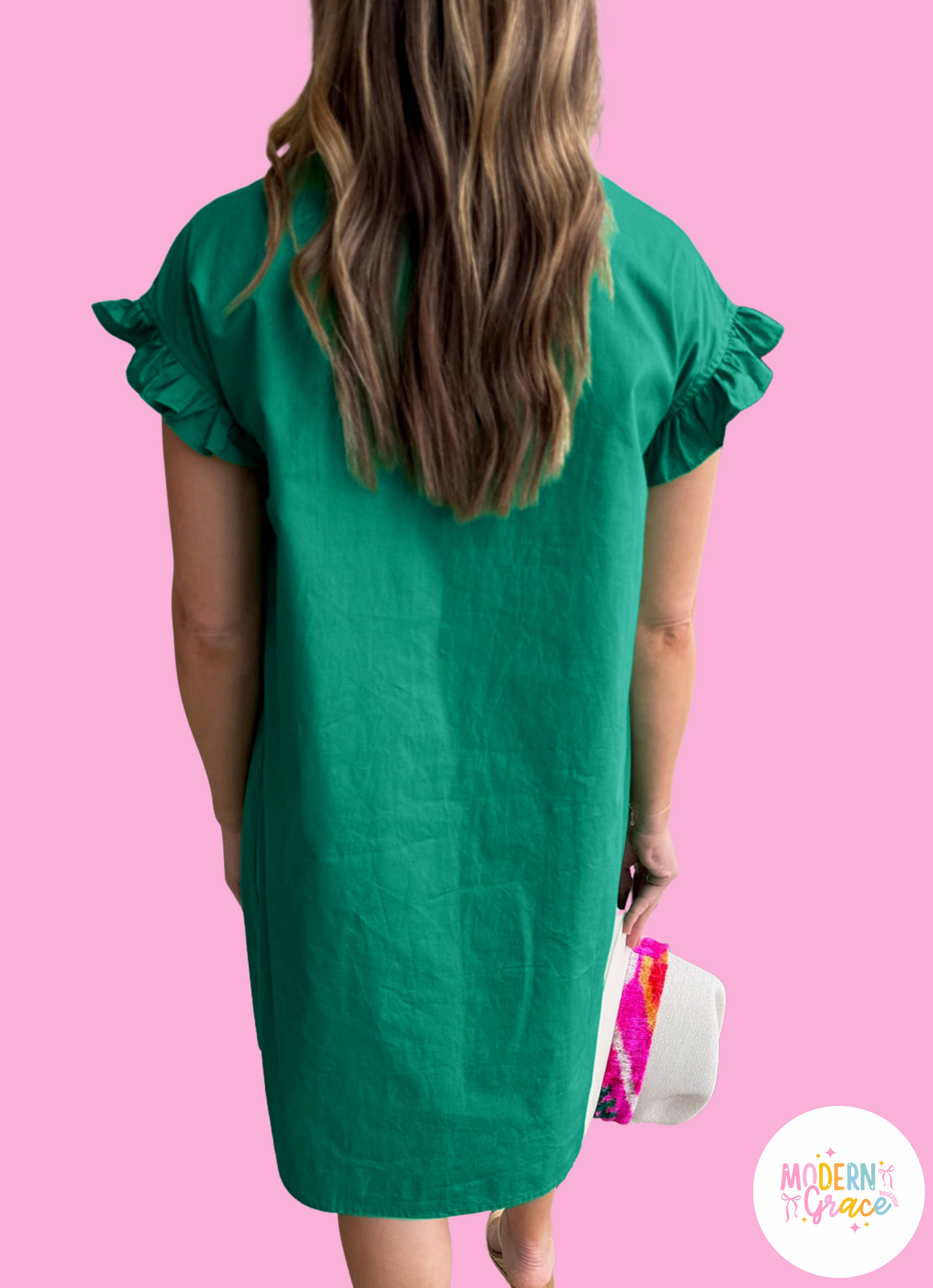 Green Modern Grace mini dress with shirred ruffle sleeves, button-up front, made from 100% cotton, perfect for casual summer wear.