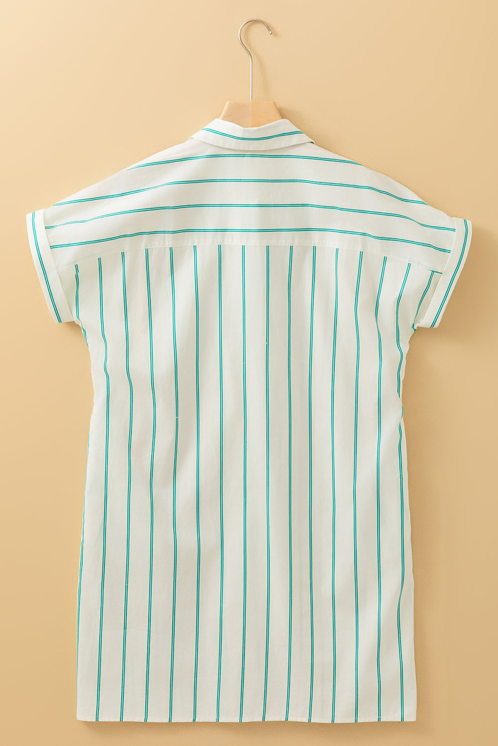 Mint green striped wide short sleeve shift mini shirt dress by Modern Grace, made of 100% cotton, featuring a casual, relaxed fit.