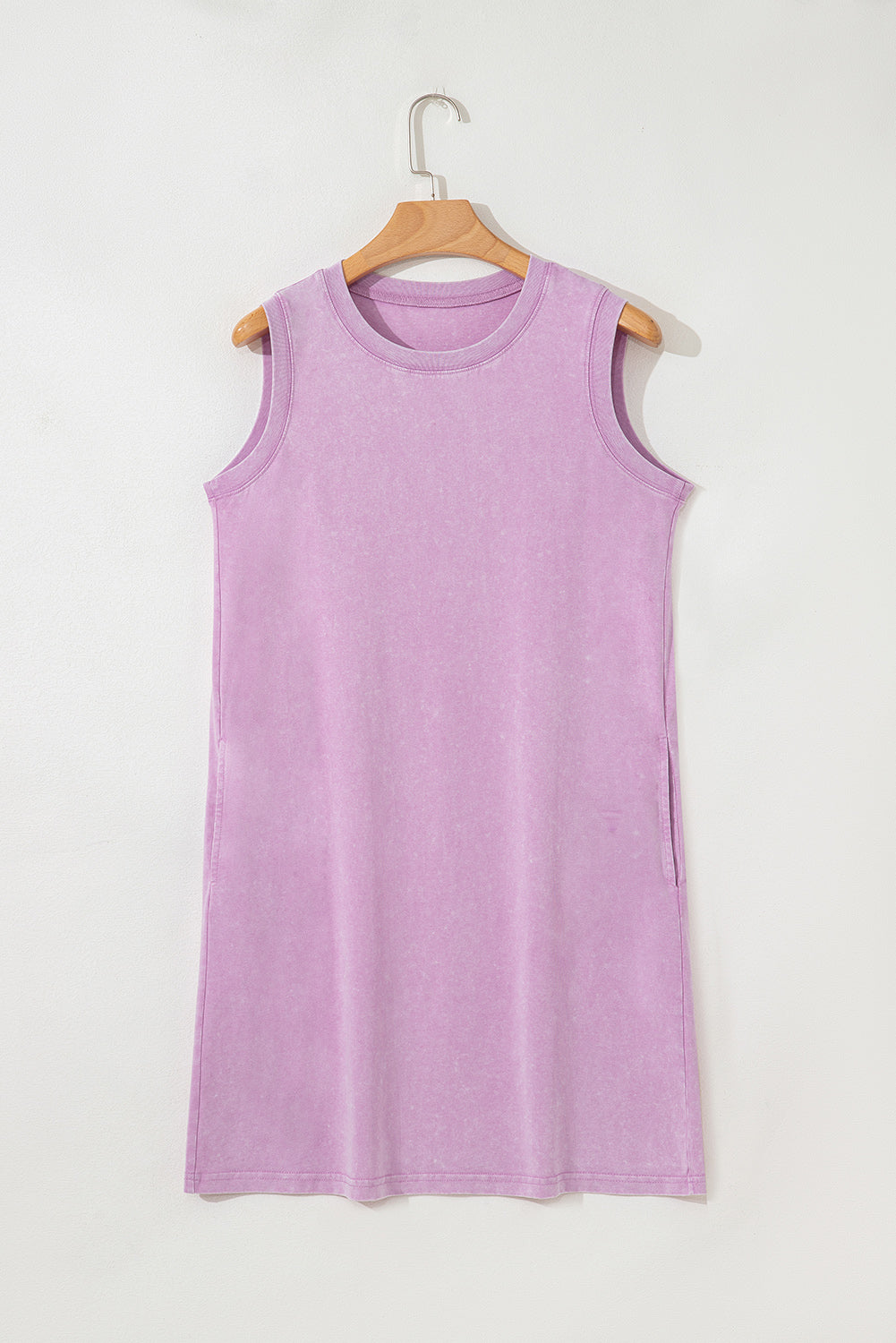 Purple Modern Grace mini tank dress with pockets, made from 100% cotton, featuring a mineral wash finish and casual style.