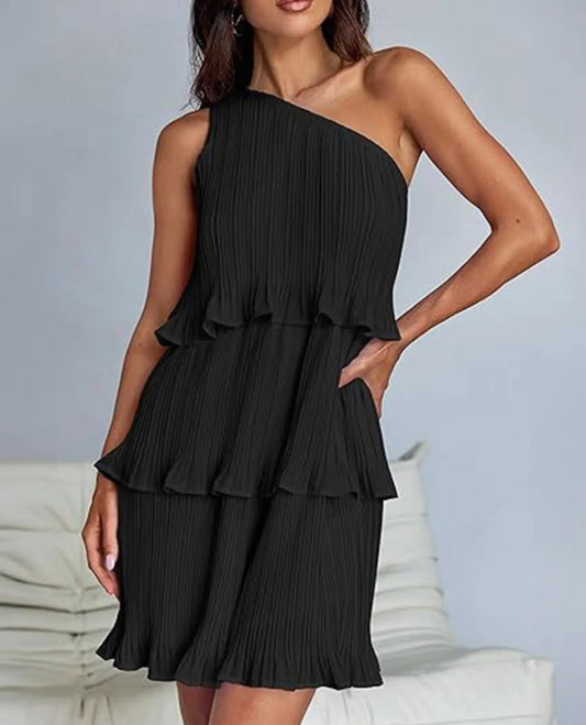 Black Slanted Shoulder Layered Hem Solid Color Dress