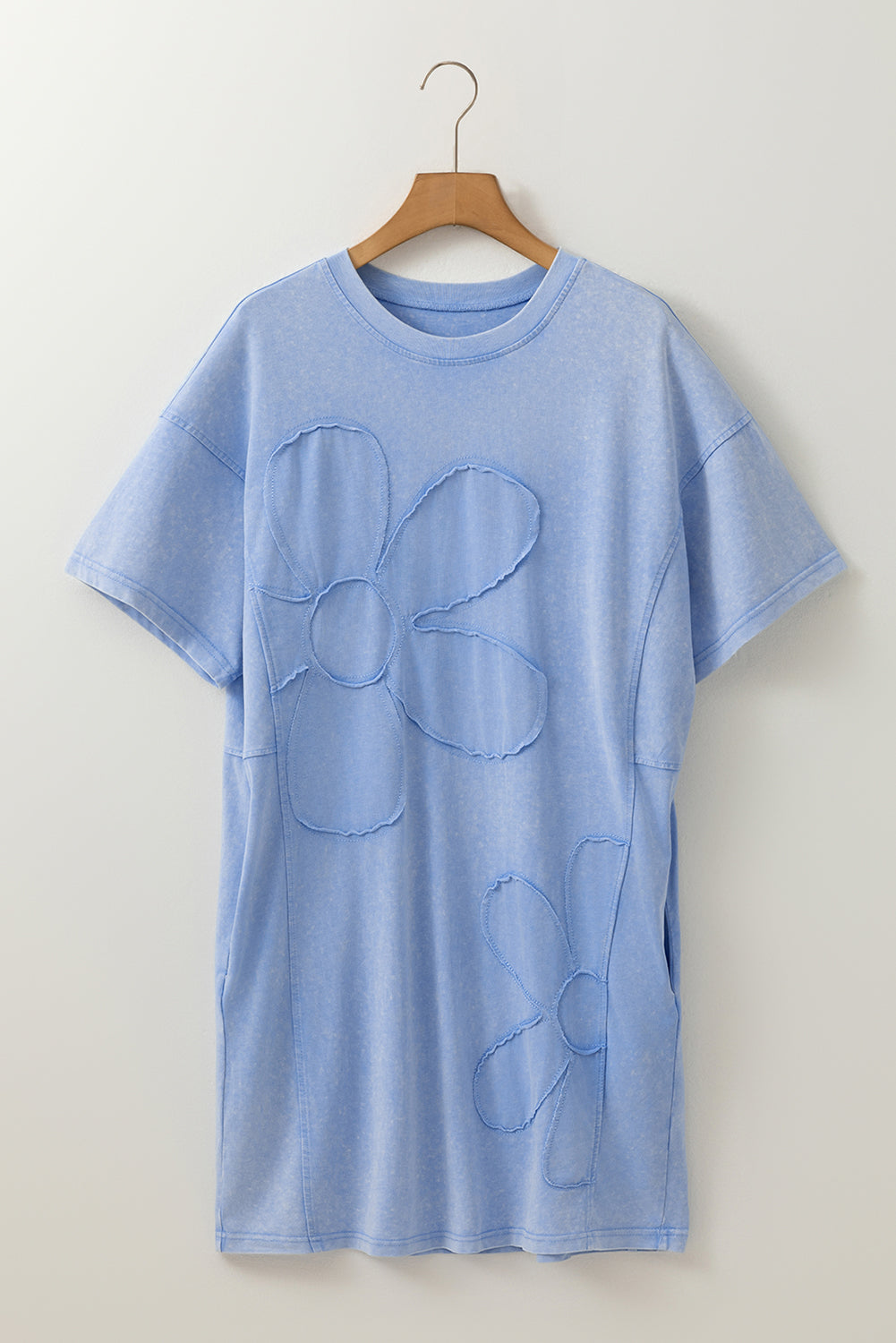 Sky blue mineral wash mini T-shirt dress with flower patchwork from Modern Grace, featuring a casual, relaxed fit and cotton fabric.