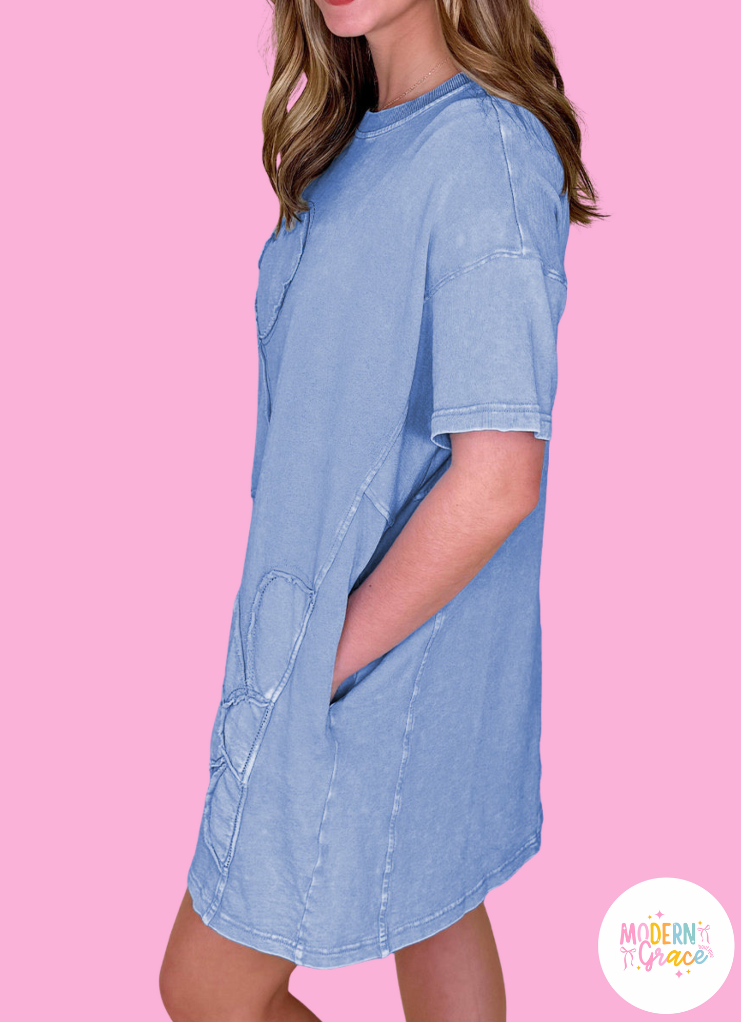 Sky blue mineral wash flower patchwork mini T-shirt dress by Modern Grace featuring a casual T-shirt style and floral patch details.