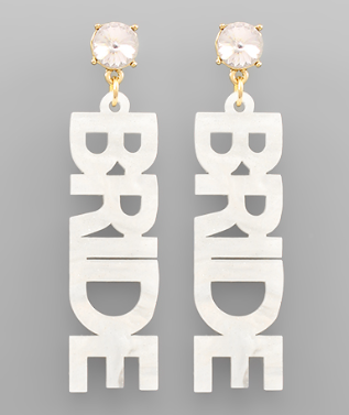Modern Grace bride acrylic word earrings showcasing elegant white word design on silver hooks.