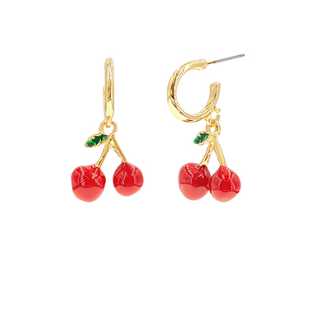 Modern Grace cherry dangle hoop earrings with vibrant red cherry design and gold-tone hooks, stylish and playful accessories.
