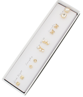 Gold 5-piece earring gift set by Modern Grace featuring assorted stylish earrings displayed in a box.